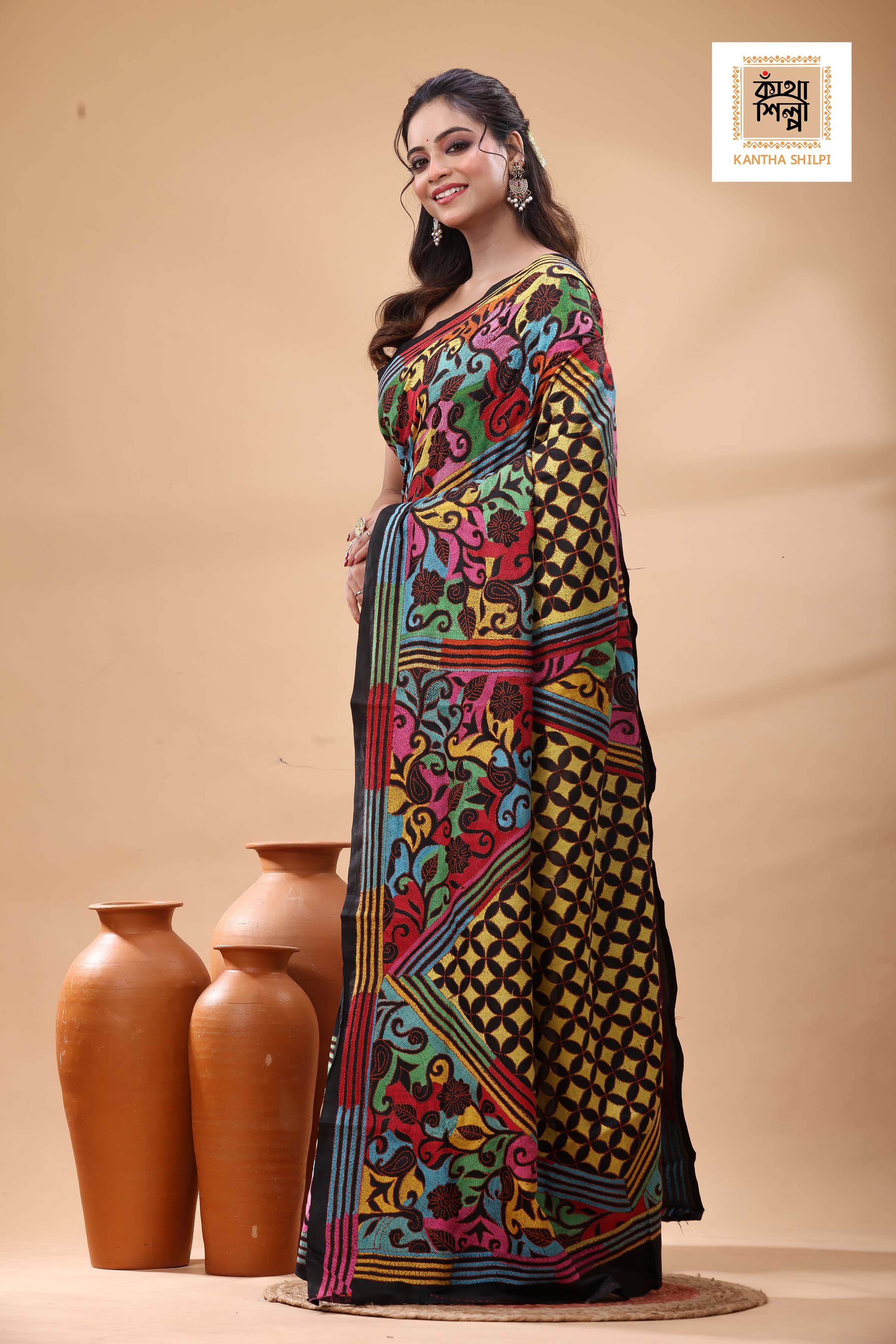 Black Pure Bangalore Silk Multicolor Thread Work Kantha Stitch Saree