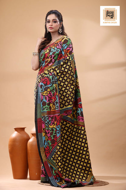 Black Pure Bangalore Silk Multicolor Thread Work Kantha Stitch Saree