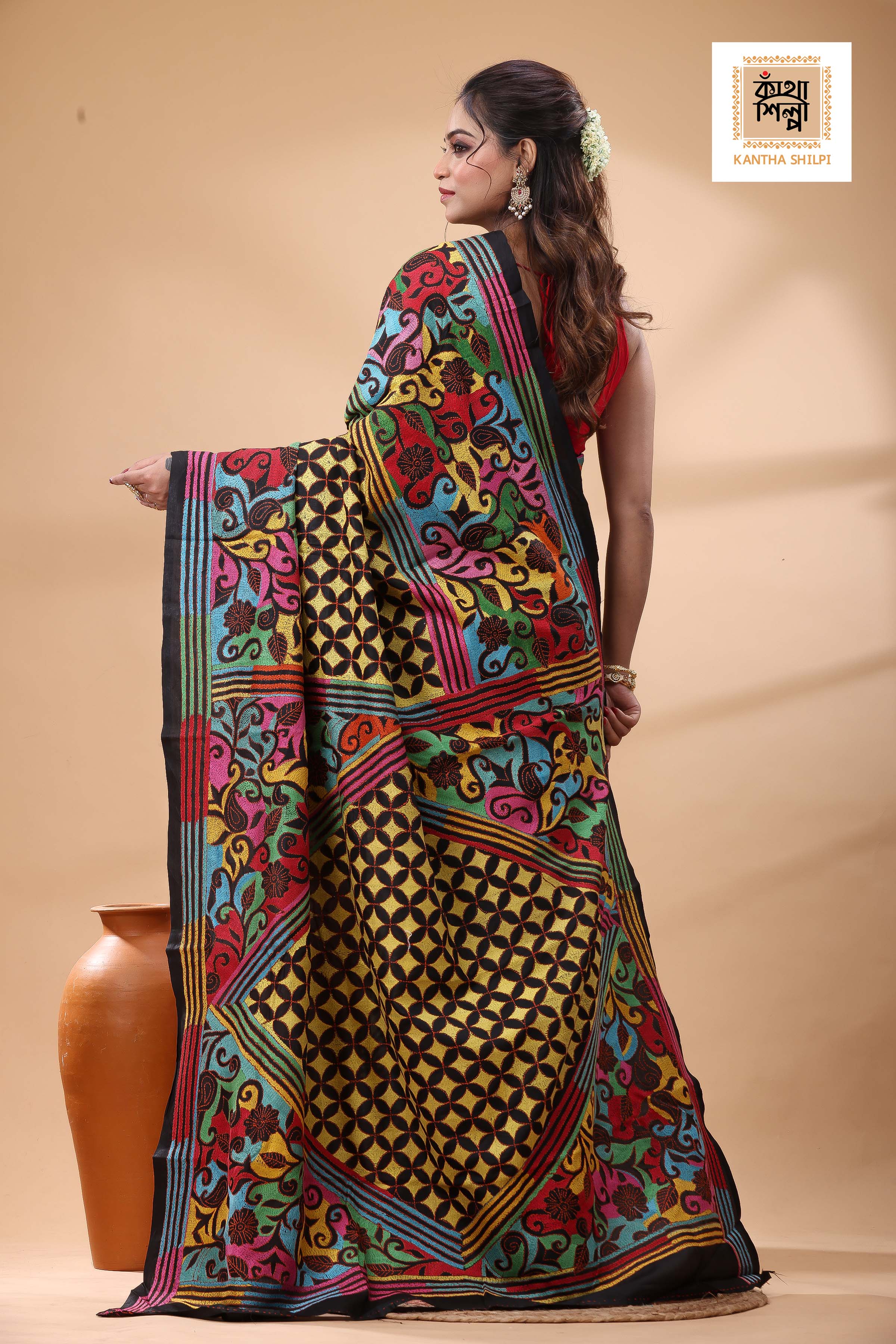Black Pure Bangalore Silk Multicolor Thread Work Kantha Stitch Saree