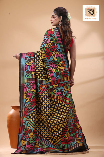 Black Pure Bangalore Silk Multicolor Thread Work Kantha Stitch Saree