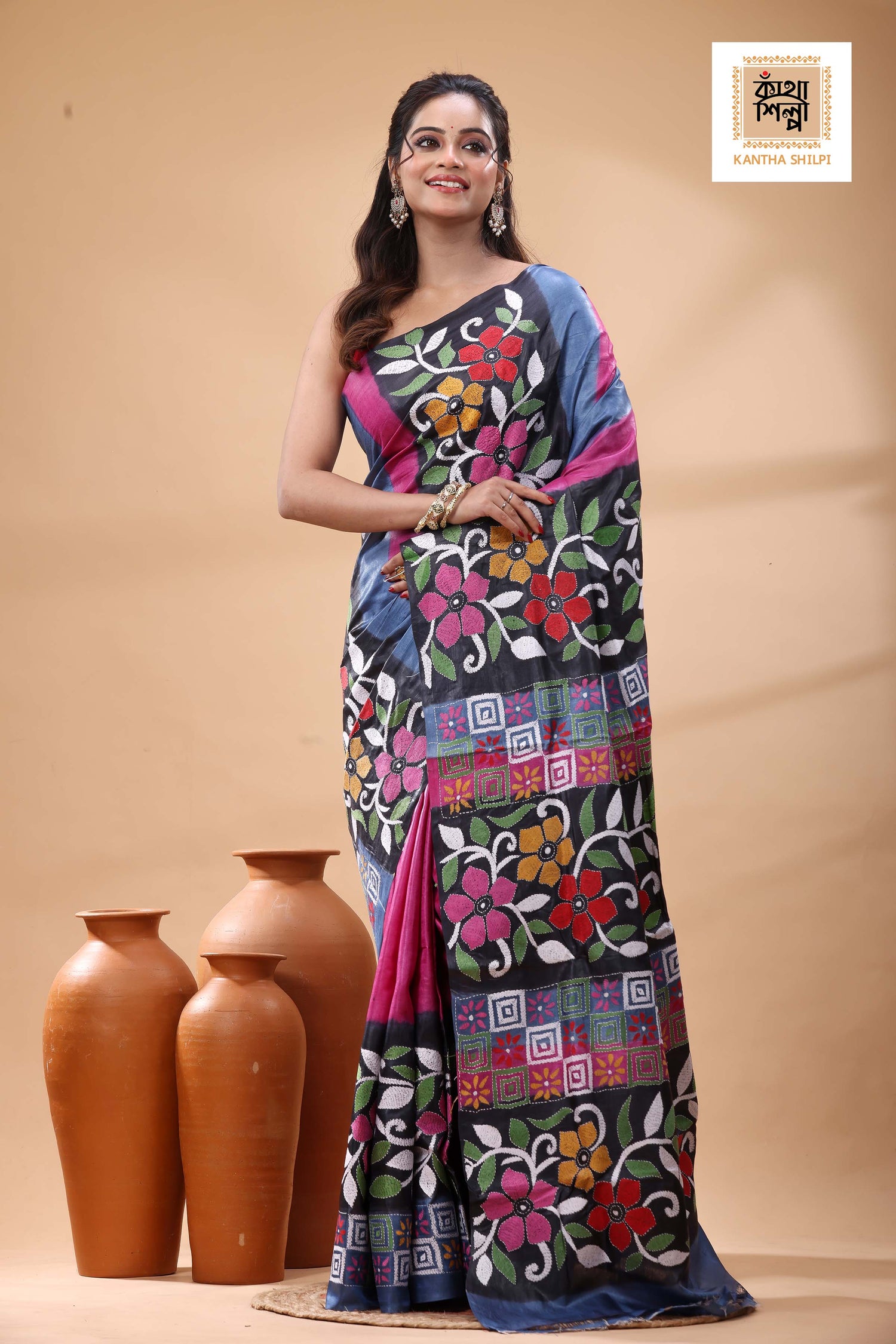 Pure Dye Gachi Tussar Multicolor Thread Work Kantha Stitch Saree