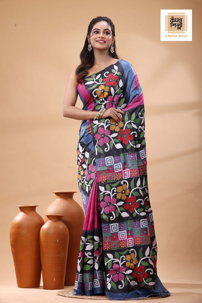 Pure Dye Gachi Tussar Multicolor Thread Work Kantha Stitch Saree