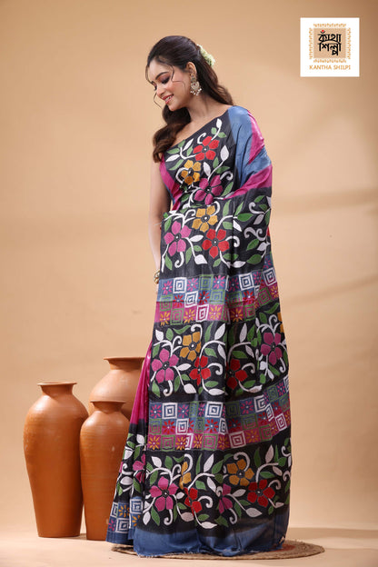 Pure Dye Gachi Tussar Multicolor Thread Work Kantha Stitch Saree