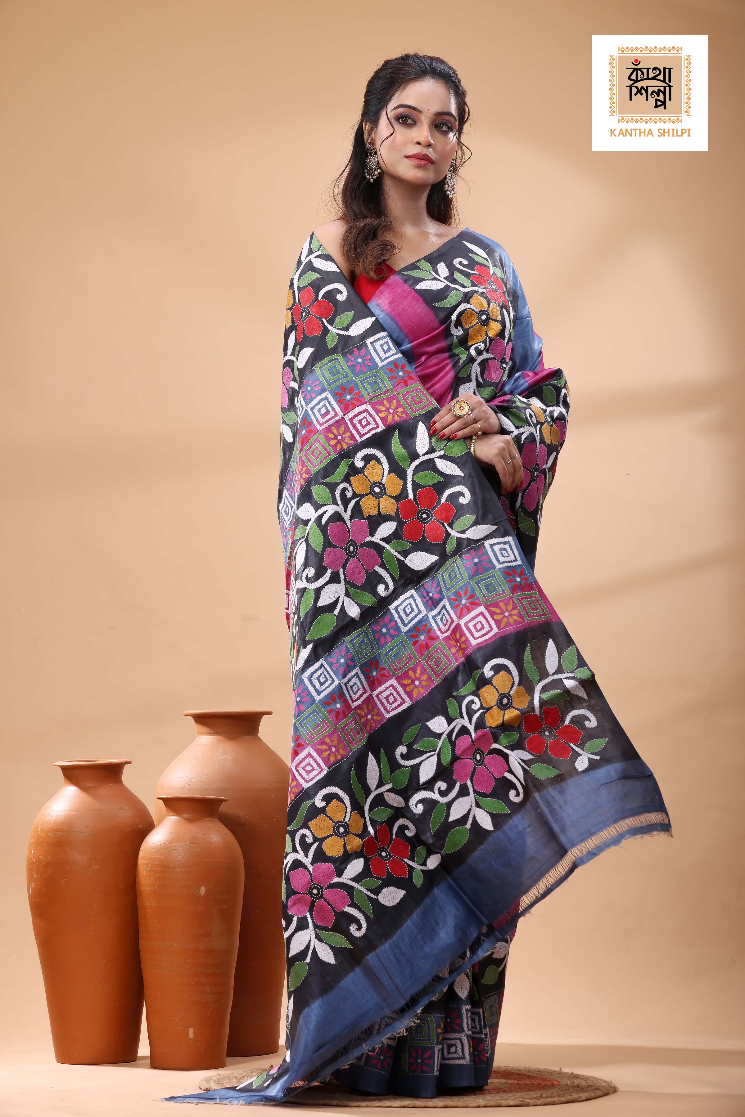 Pure Dye Gachi Tussar Multicolor Thread Work Kantha Stitch Saree