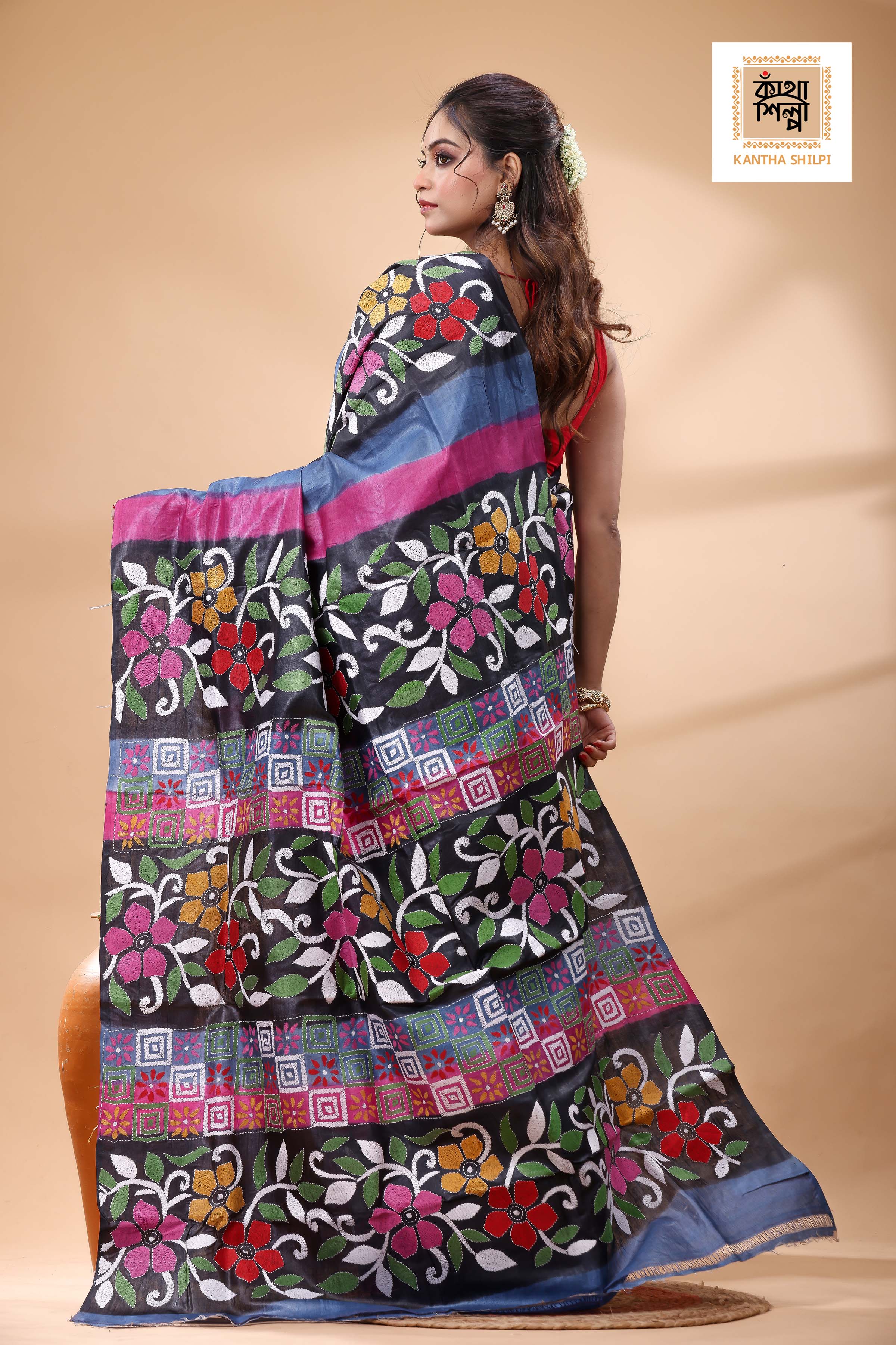 Pure Dye Gachi Tussar Multicolor Thread Work Kantha Stitch Saree