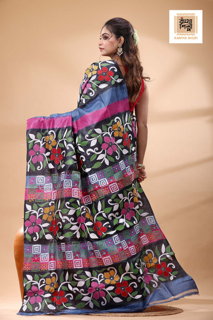 Pure Dye Gachi Tussar Multicolor Thread Work Kantha Stitch Saree