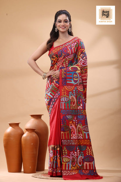 Red Pure Bangalore Silk Multicolor Thread Work Kantha Stitch Saree