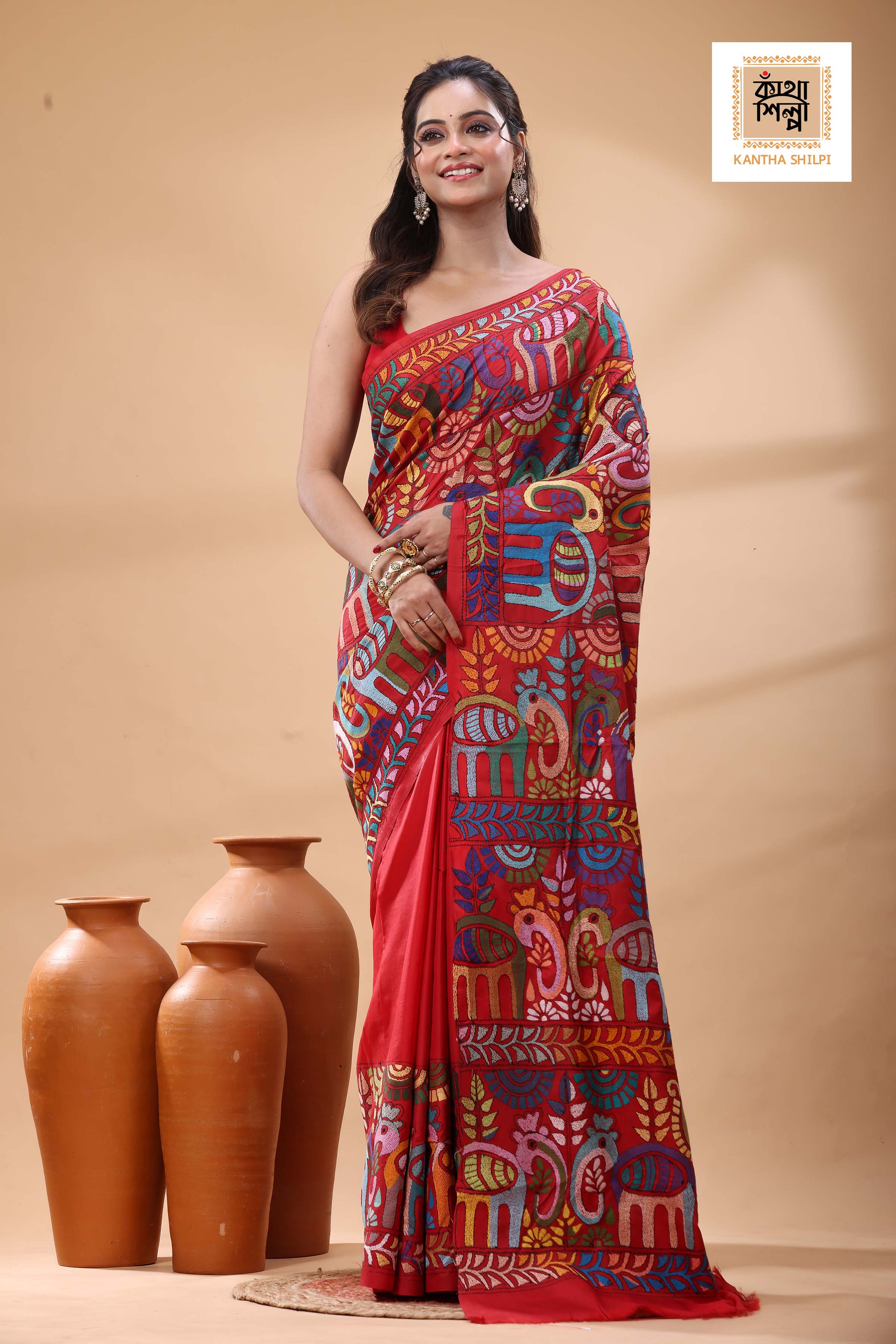Red Pure Bangalore Silk Multicolor Thread Work Kantha Stitch Saree