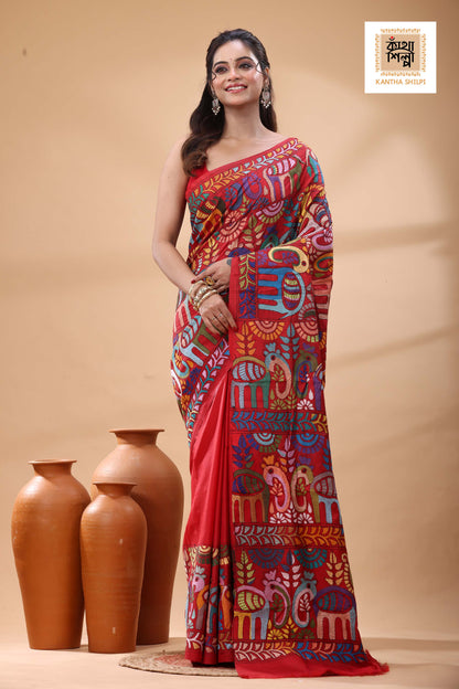 Red Pure Bangalore Silk Multicolor Thread Work Kantha Stitch Saree