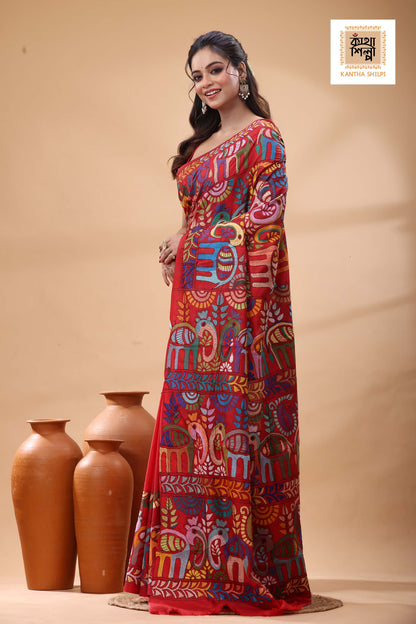 Red Pure Bangalore Silk Multicolor Thread Work Kantha Stitch Saree