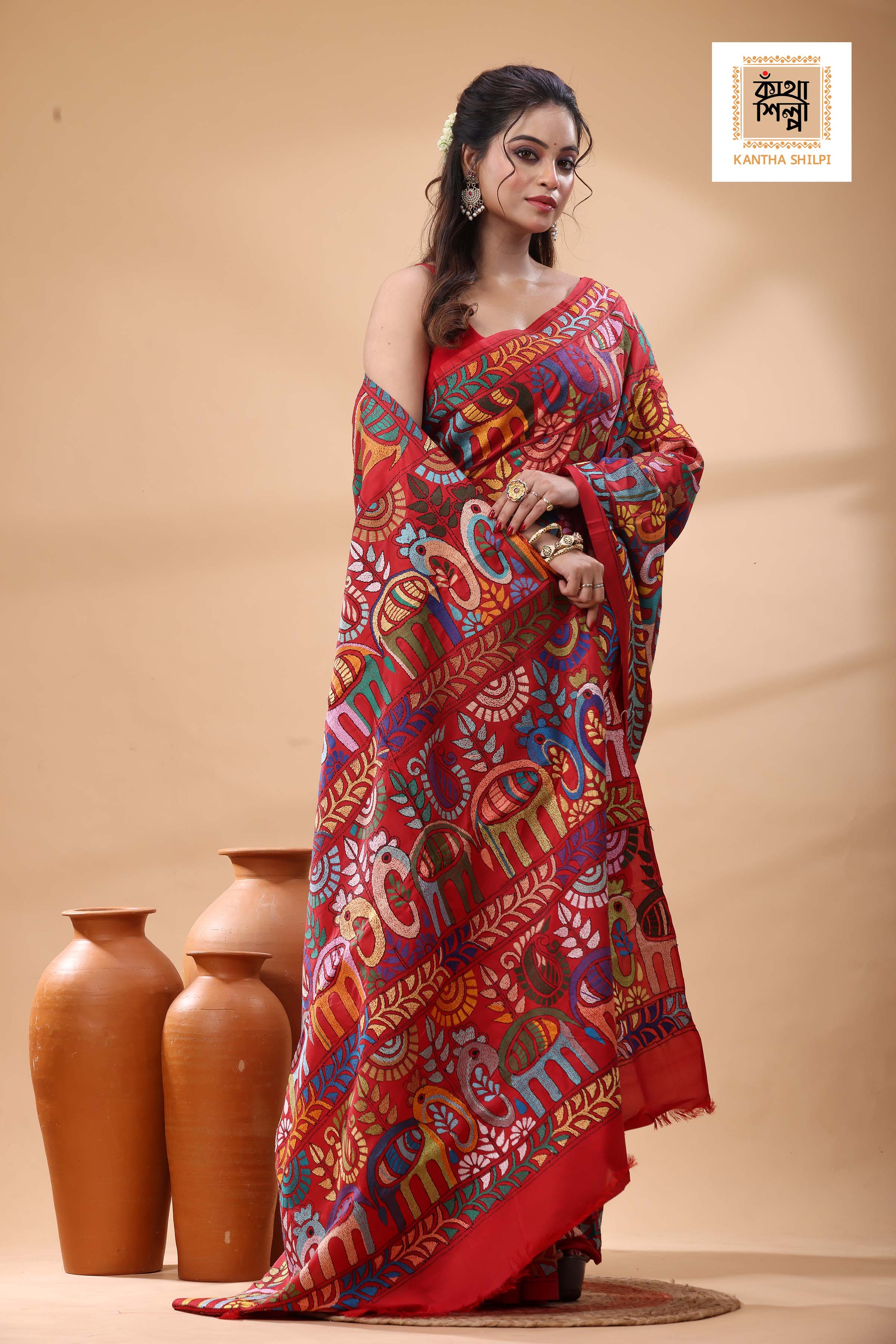 Red Pure Bangalore Silk Multicolor Thread Work Kantha Stitch Saree
