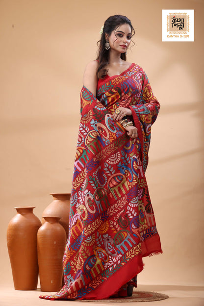 Red Pure Bangalore Silk Multicolor Thread Work Kantha Stitch Saree