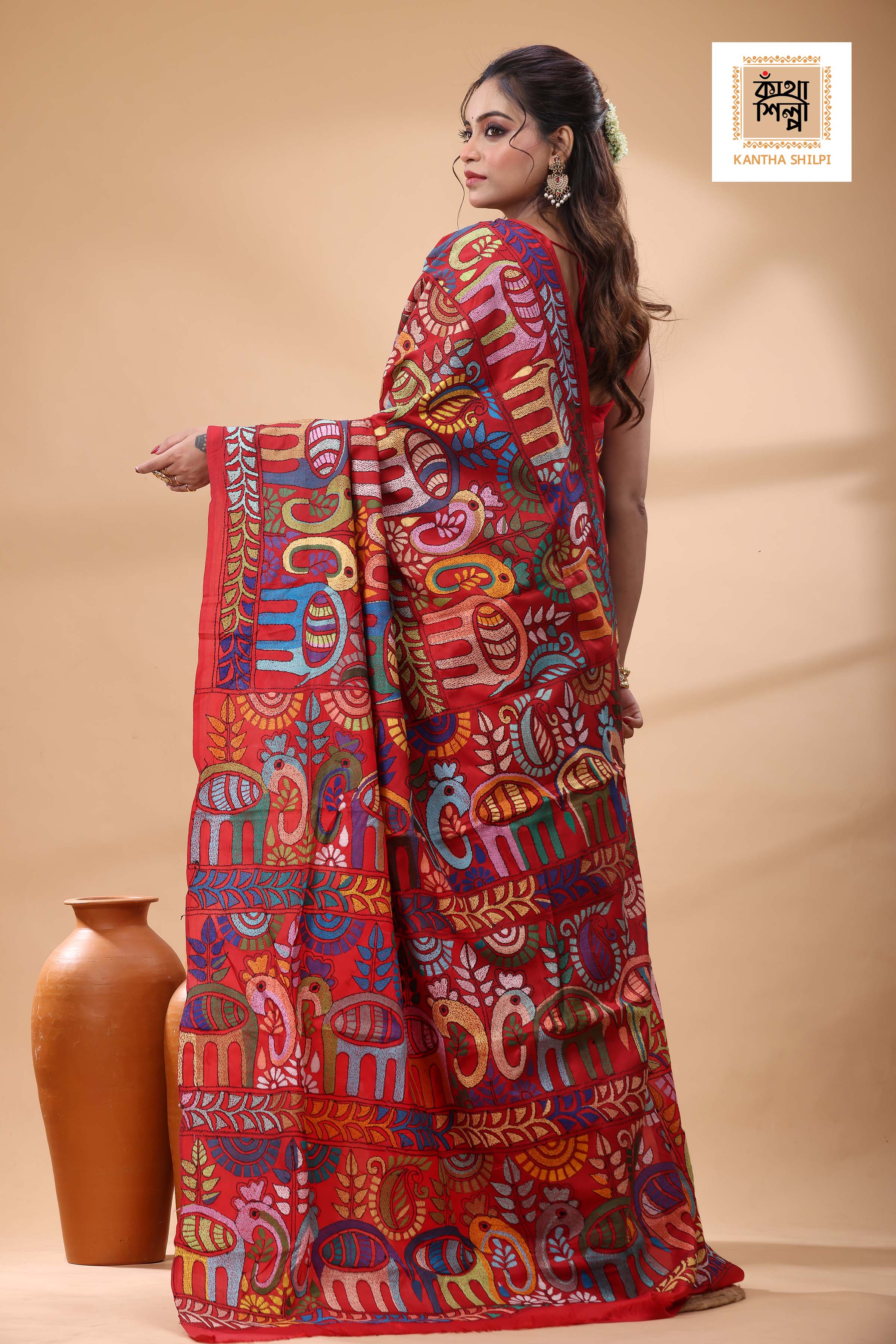 Red Pure Bangalore Silk Multicolor Thread Work Kantha Stitch Saree