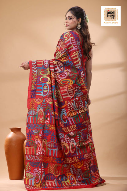 Red Pure Bangalore Silk Multicolor Thread Work Kantha Stitch Saree