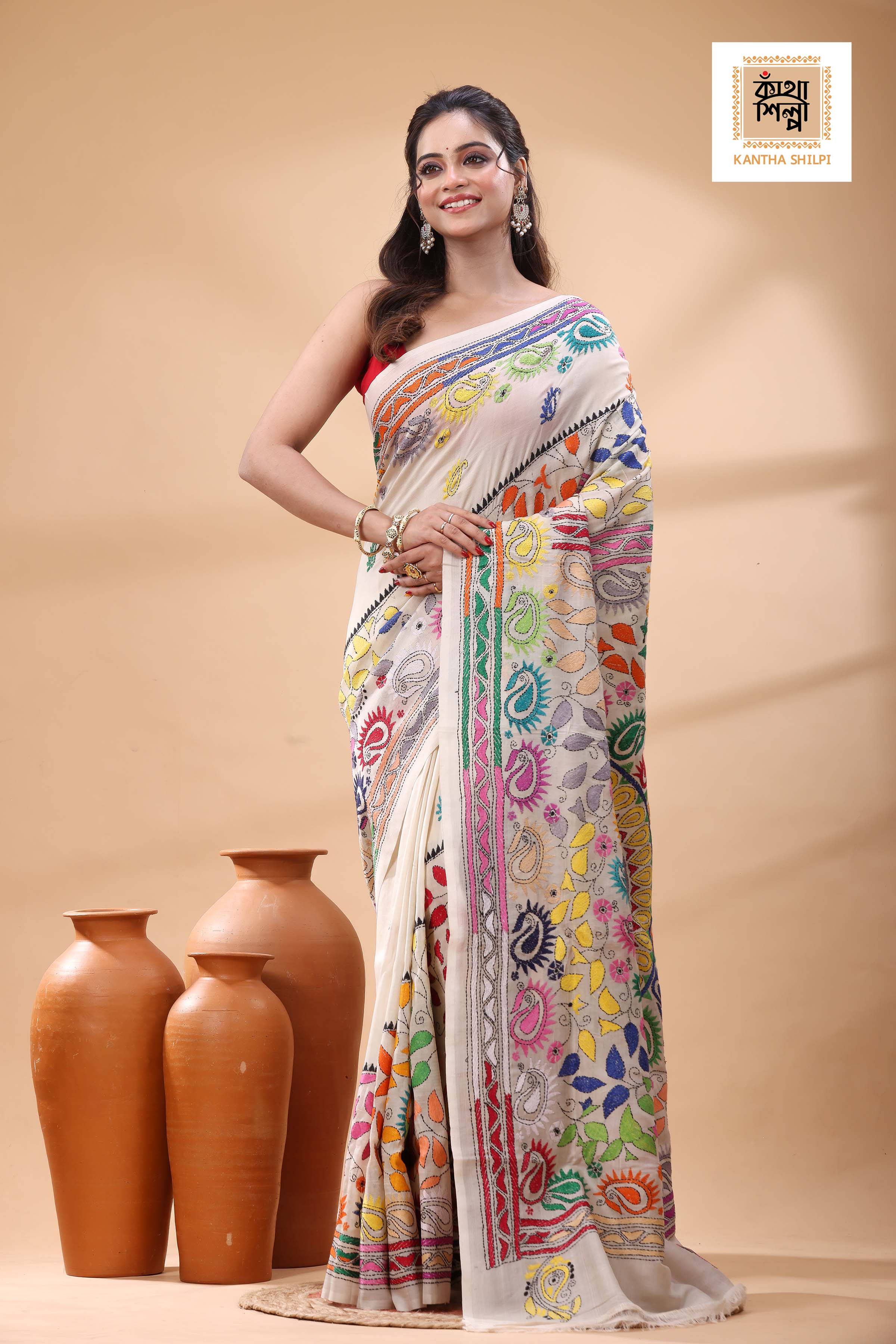 Off White Tussar Silk Multicolor Thread Work Kantha Stitch Saree