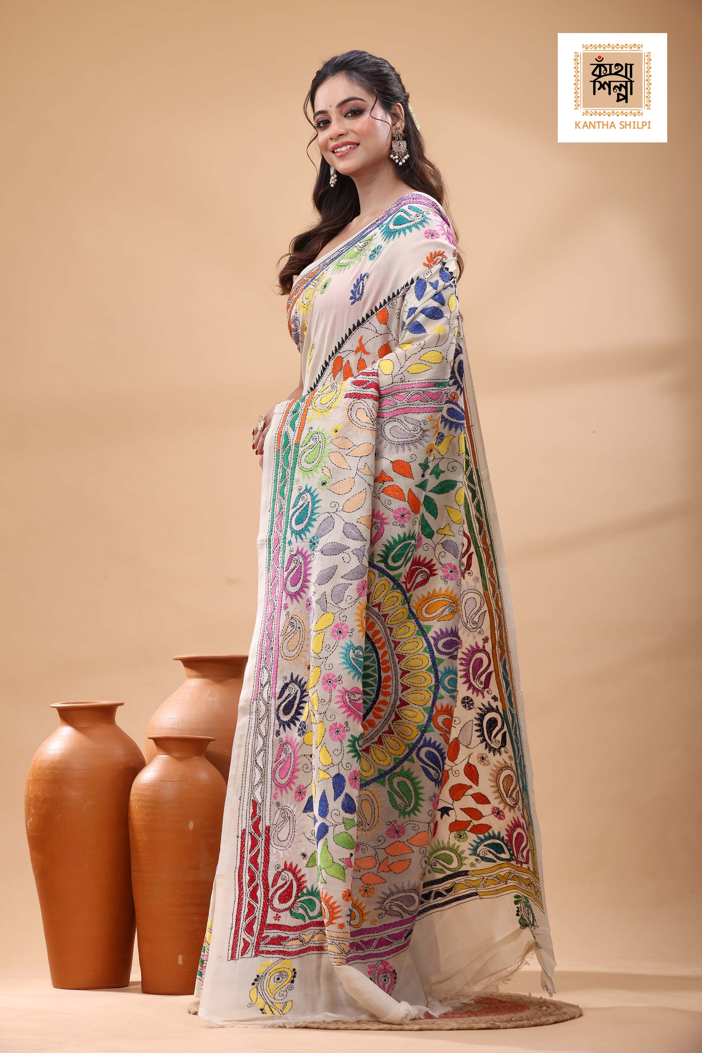 Off White Tussar Silk Multicolor Thread Work Kantha Stitch Saree