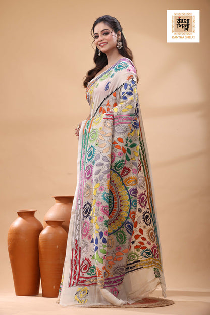 Off White Tussar Silk Multicolor Thread Work Kantha Stitch Saree