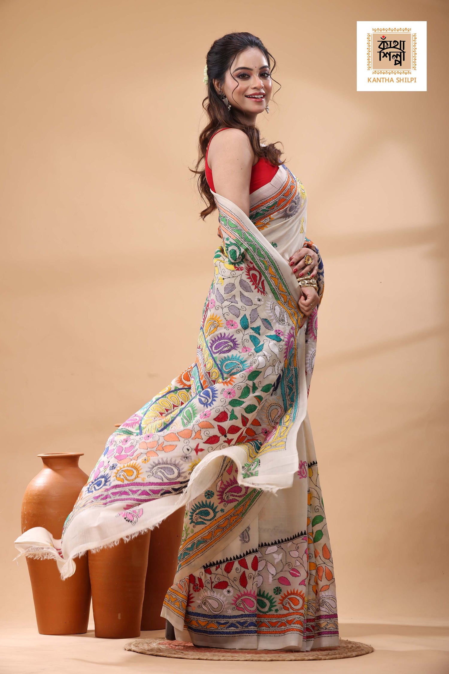Off White Tussar Silk Multicolor Thread Work Kantha Stitch Saree