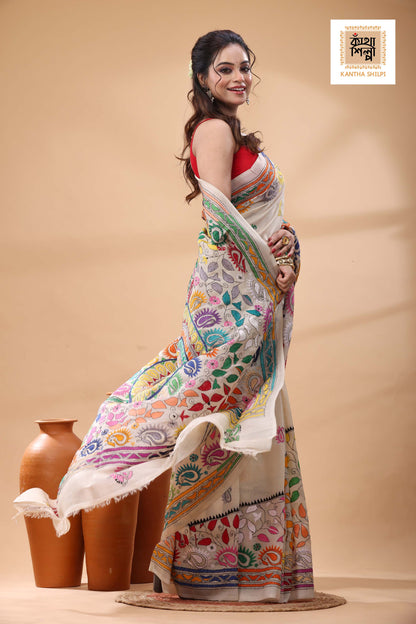 Off White Tussar Silk Multicolor Thread Work Kantha Stitch Saree