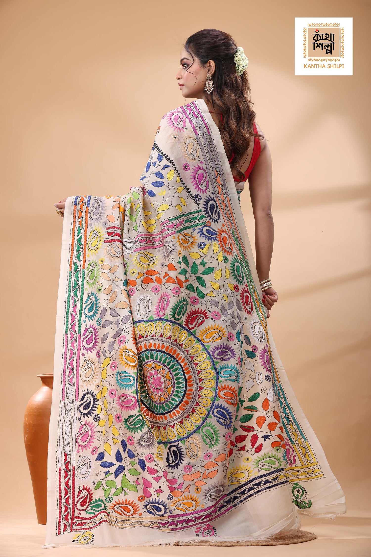 Off White Tussar Silk Multicolor Thread Work Kantha Stitch Saree