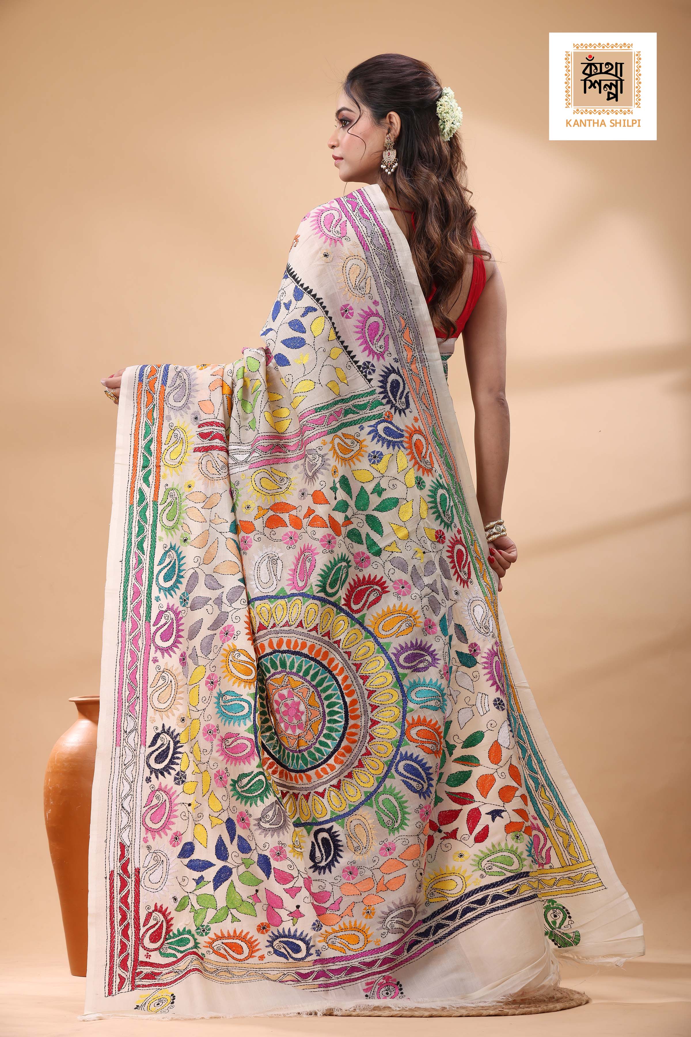 Off White Tussar Silk Multicolor Thread Work Kantha Stitch Saree