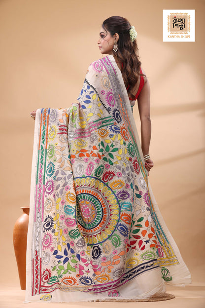 Off White Tussar Silk Multicolor Thread Work Kantha Stitch Saree
