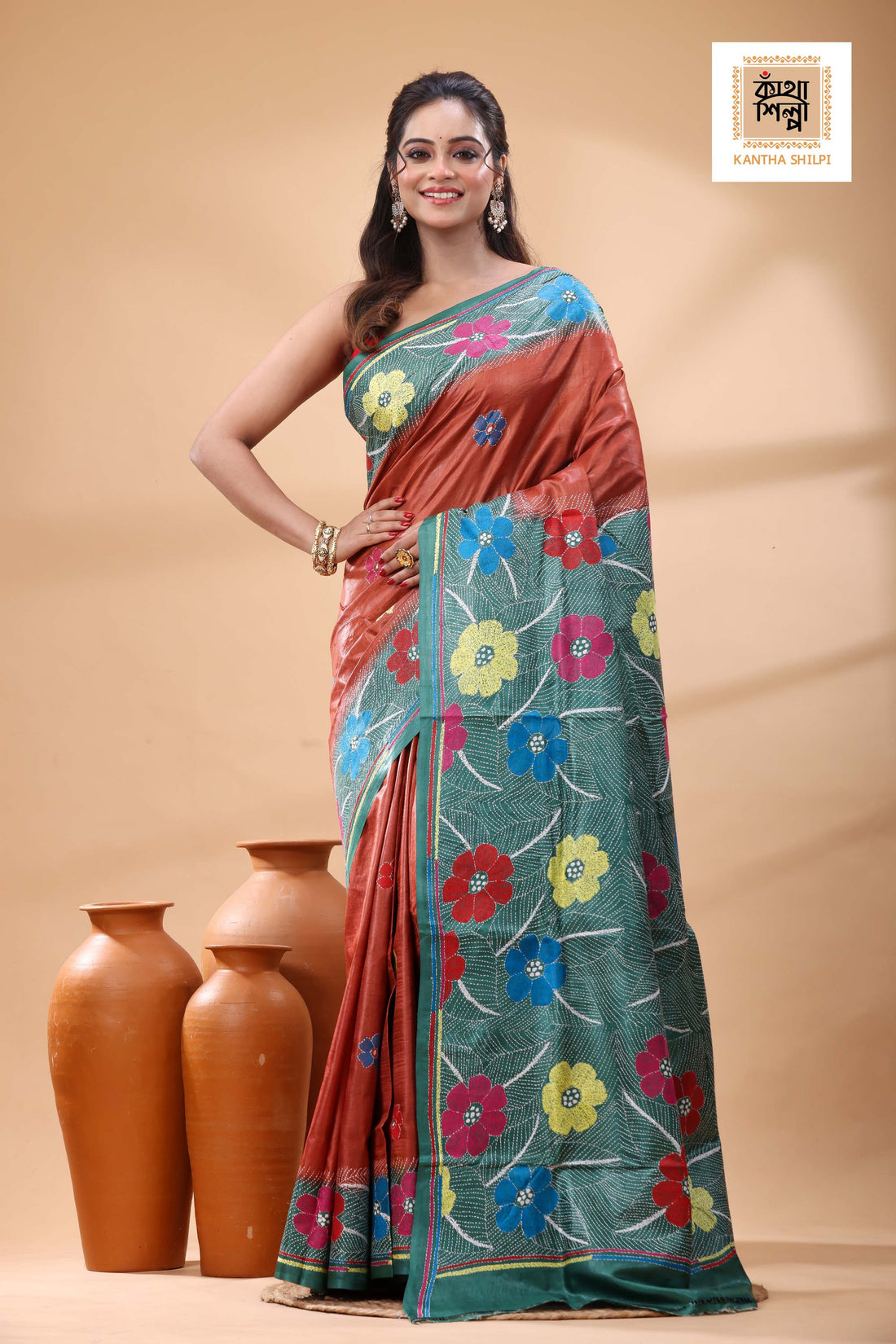 Pure Dye Gachi Tussar Multicolor Thread Work Kantha Stitch Saree