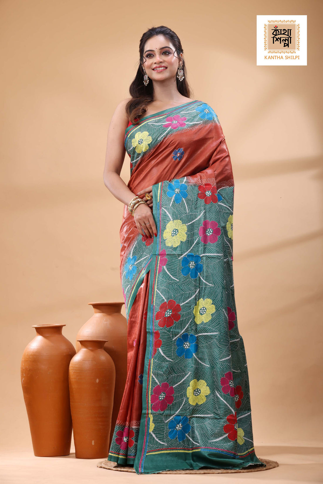 Pure Dye Gachi Tussar Multicolor Thread Work Kantha Stitch Saree