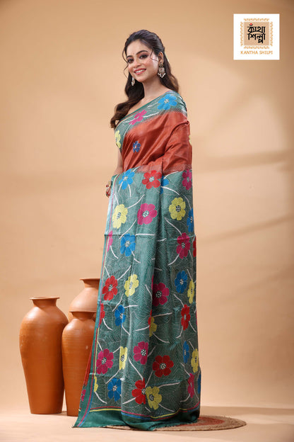 Pure Dye Gachi Tussar Multicolor Thread Work Kantha Stitch Saree