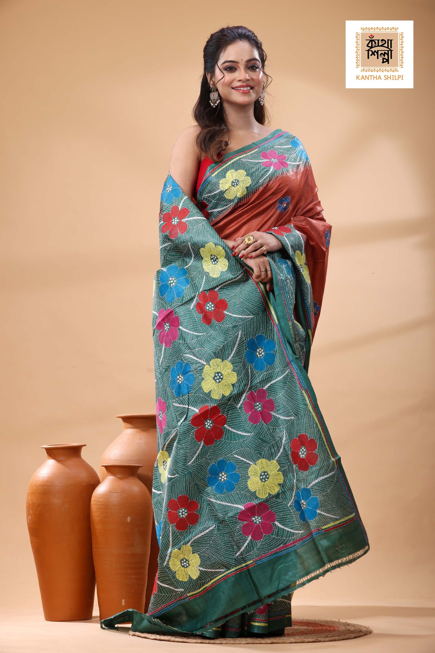 Pure Dye Gachi Tussar Multicolor Thread Work Kantha Stitch Saree