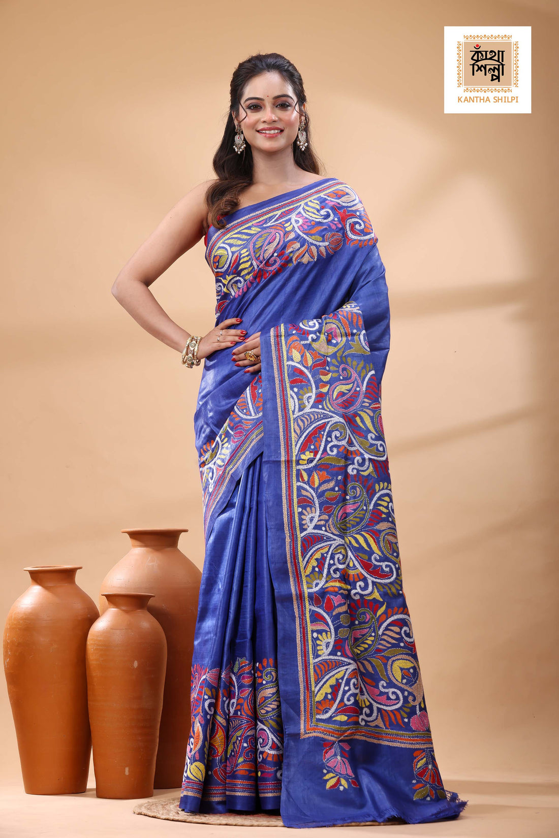 Pure Blue Dye Gachi Tussar Multicolor Thread Work Kantha Stitch Saree