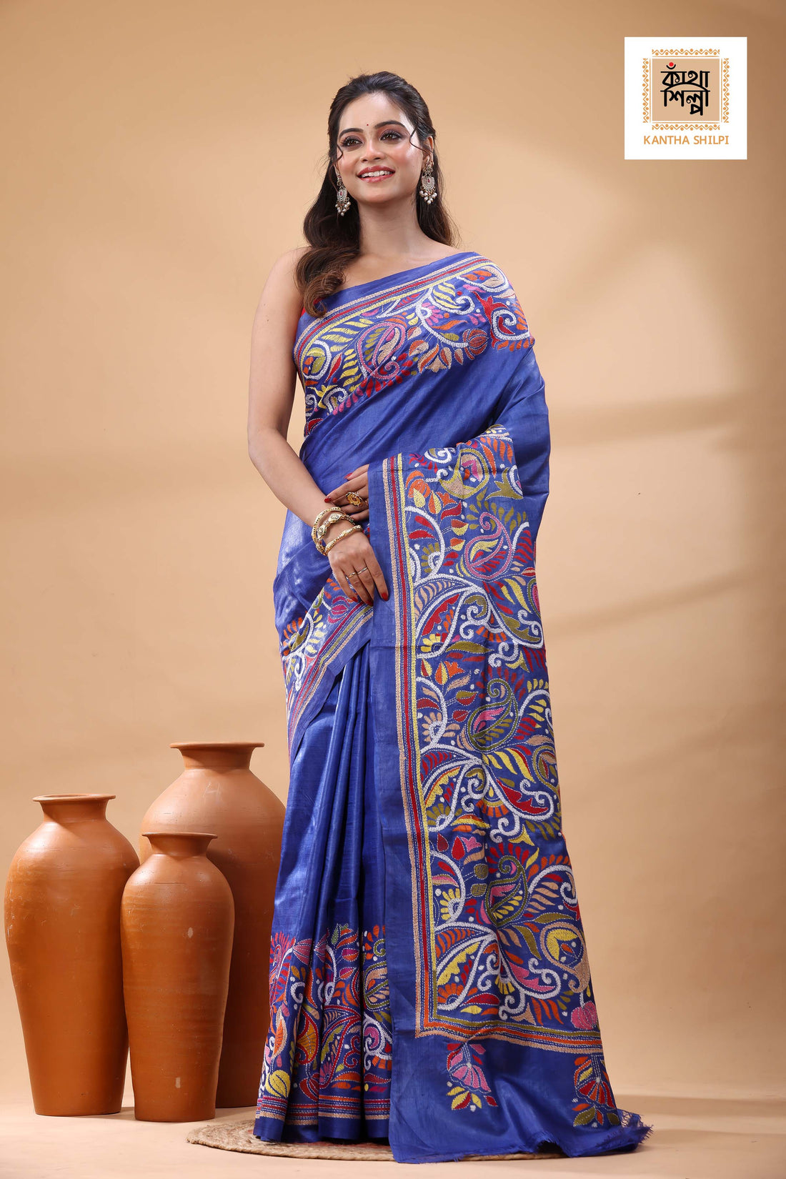 Pure Blue Dye Gachi Tussar Multicolor Thread Work Kantha Stitch Saree