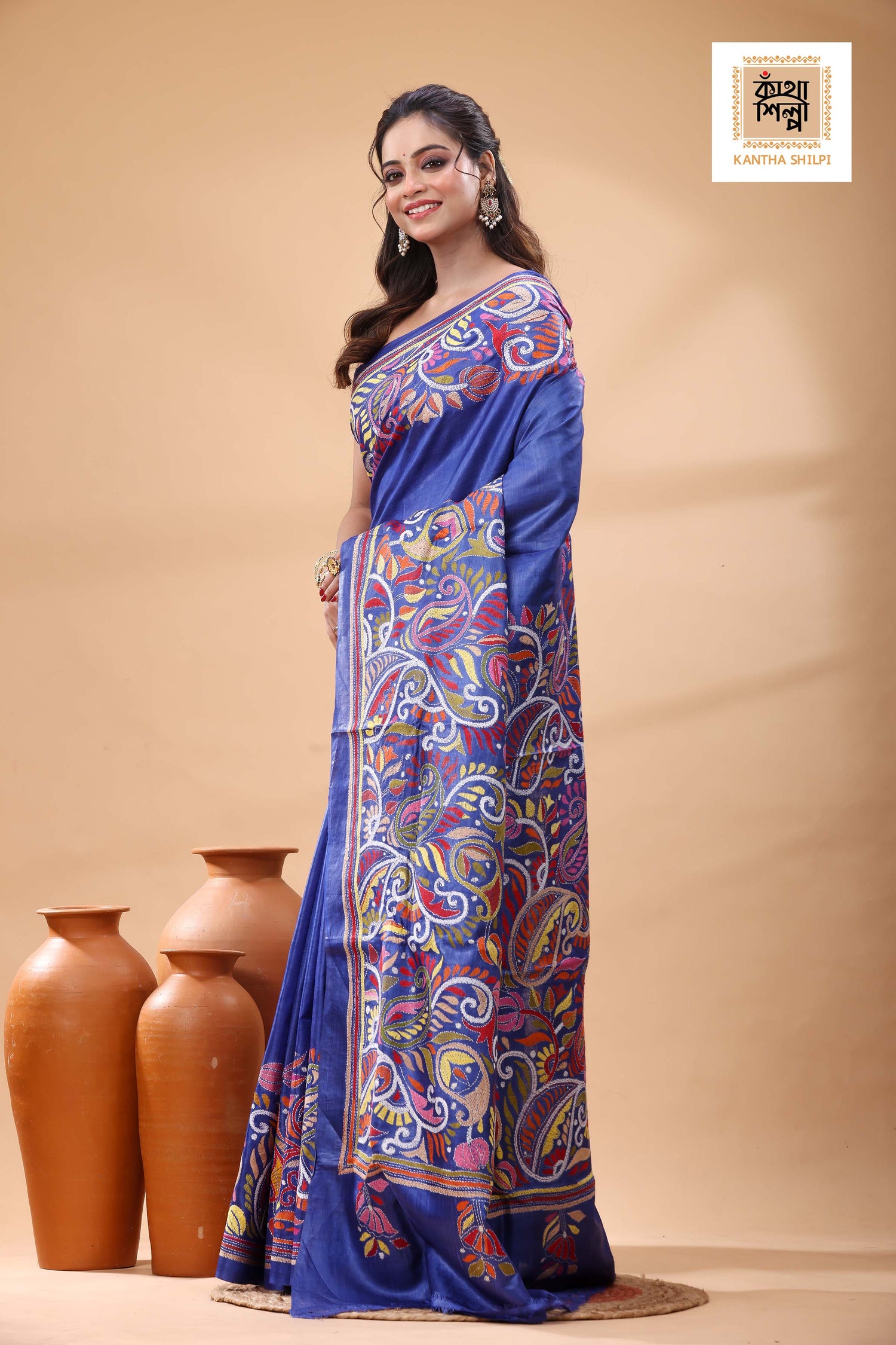 Pure Blue Dye Gachi Tussar Multicolor Thread Work Kantha Stitch Saree