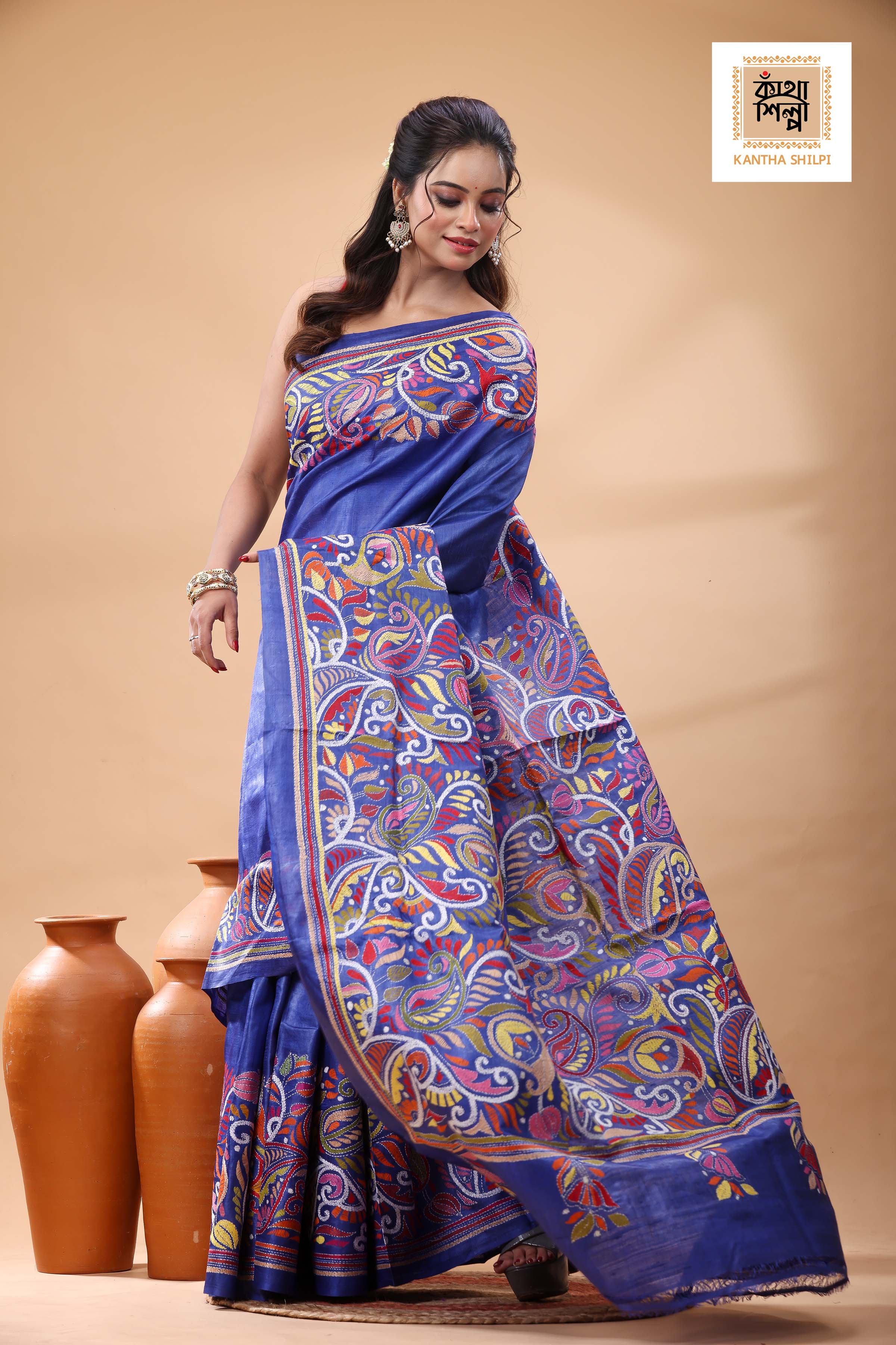 Pure Blue Dye Gachi Tussar Multicolor Thread Work Kantha Stitch Saree