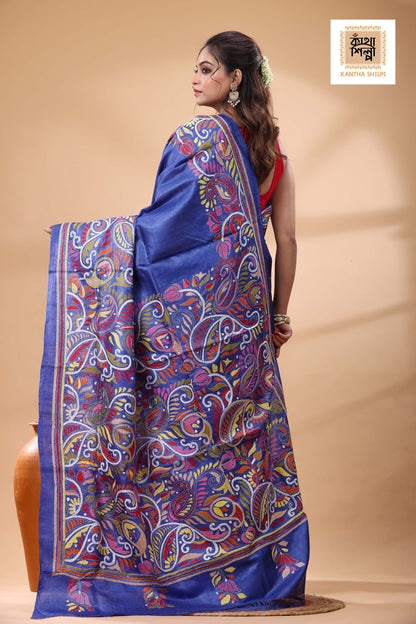 Pure Blue Dye Gachi Tussar Multicolor Thread Work Kantha Stitch Saree