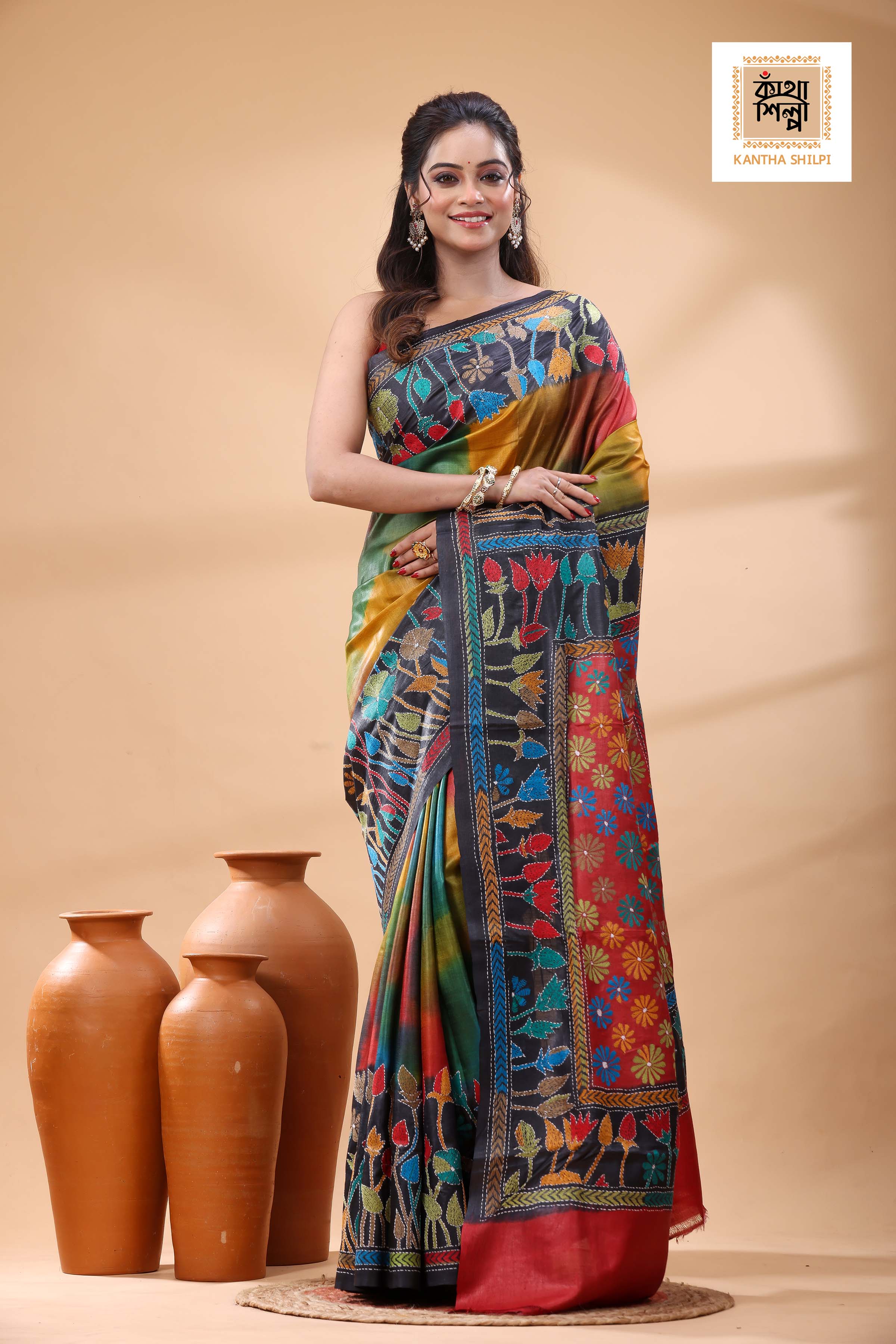 Pure Dye Gachi Tussar Multicolor Thread Work Kantha Stitch Saree