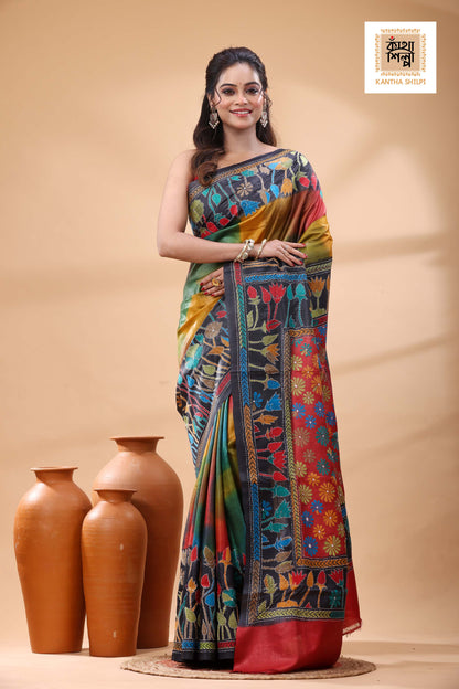 Pure Dye Gachi Tussar Multicolor Thread Work Kantha Stitch Saree
