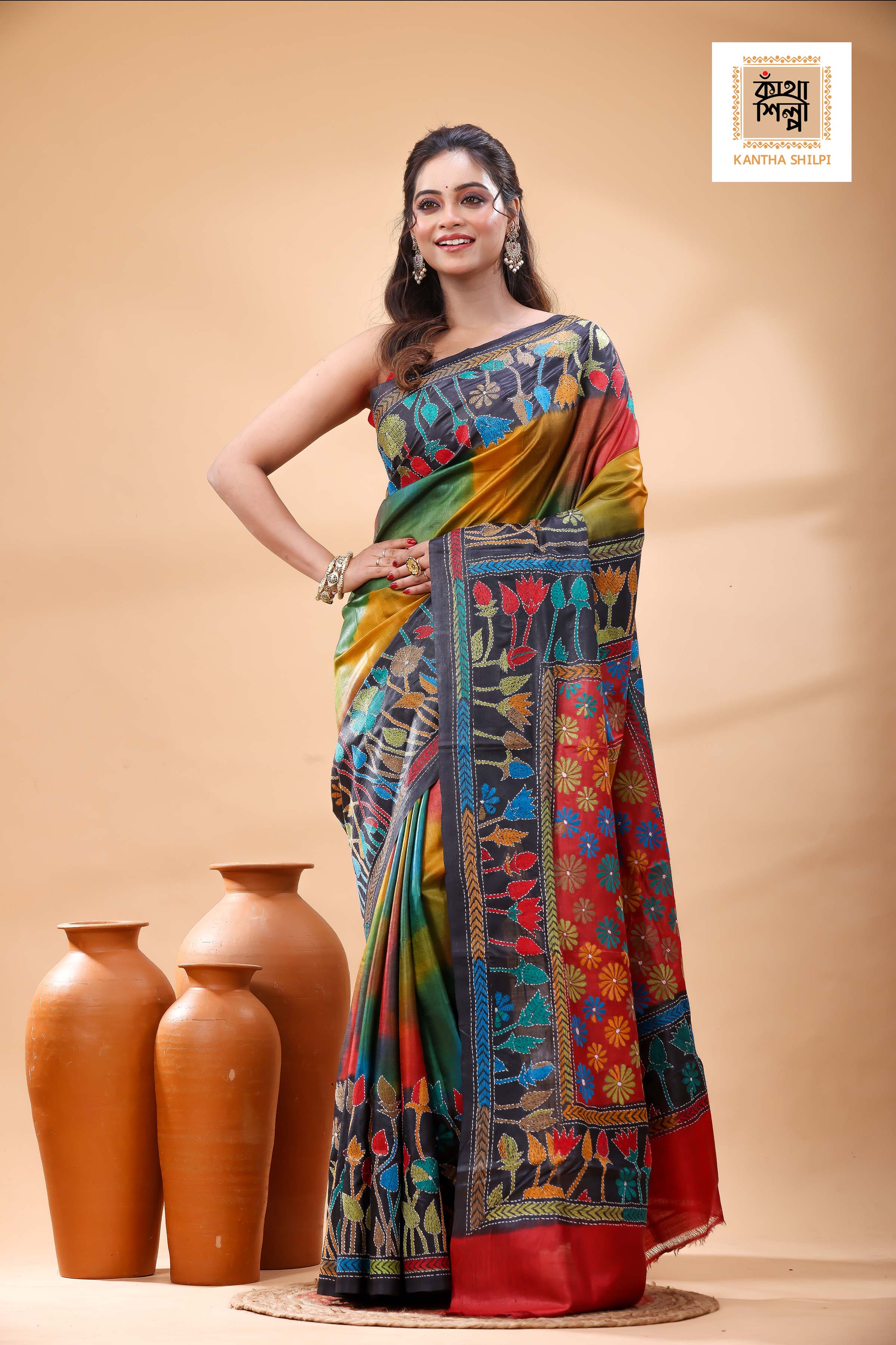 Pure Dye Gachi Tussar Multicolor Thread Work Kantha Stitch Saree