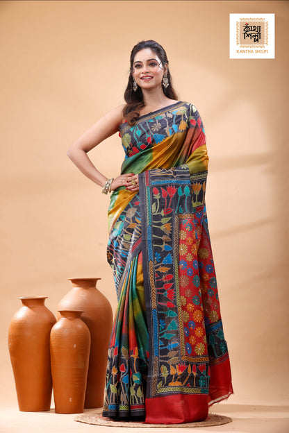 Pure Dye Gachi Tussar Multicolor Thread Work Kantha Stitch Saree