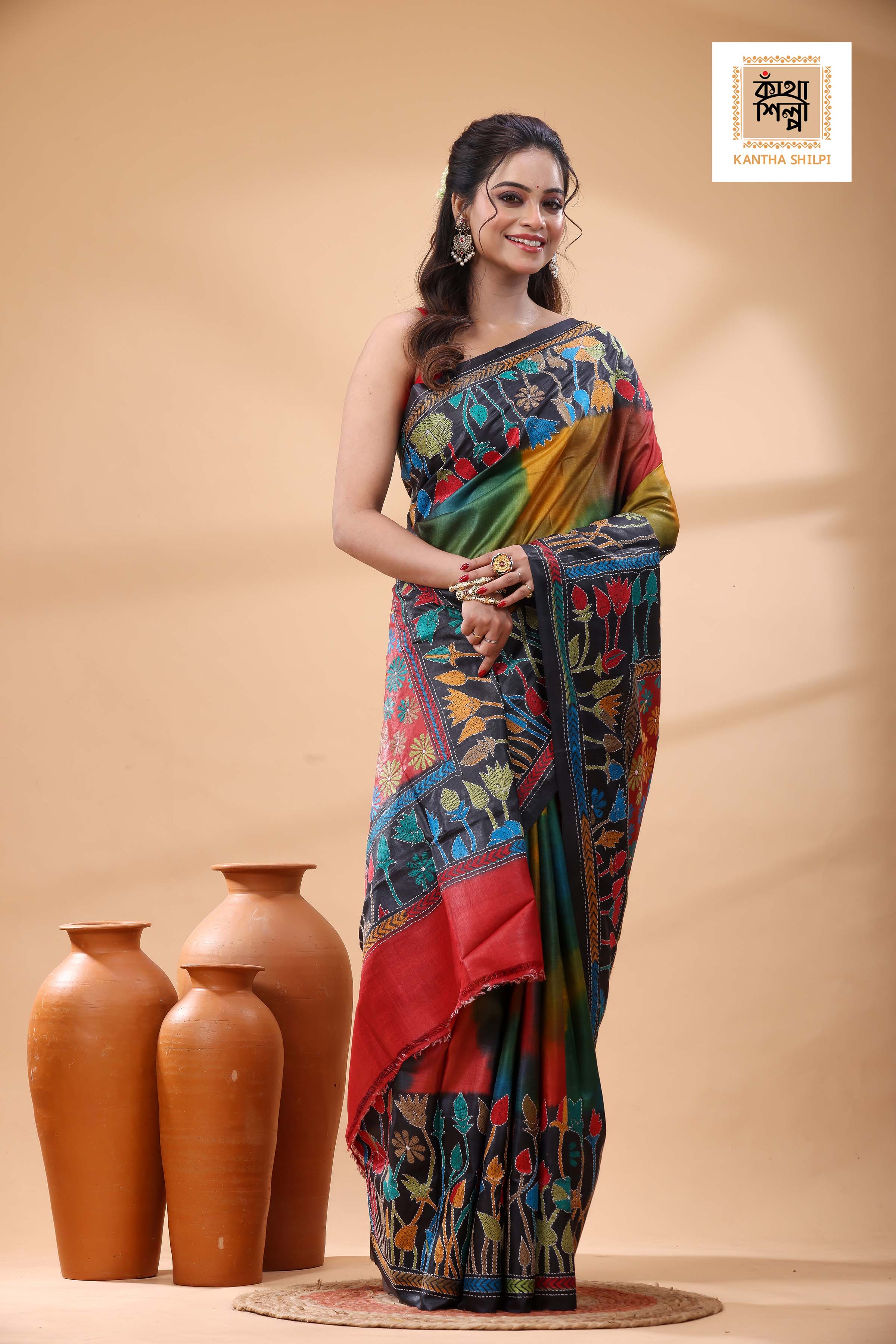 Pure Dye Gachi Tussar Multicolor Thread Work Kantha Stitch Saree