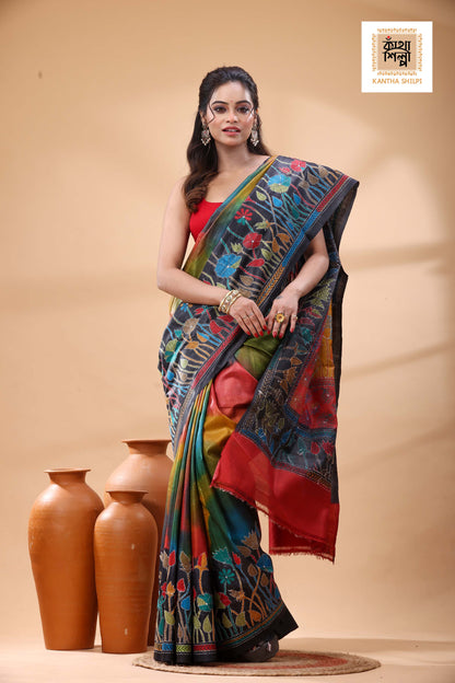 Pure Dye Gachi Tussar Multicolor Thread Work Kantha Stitch Saree