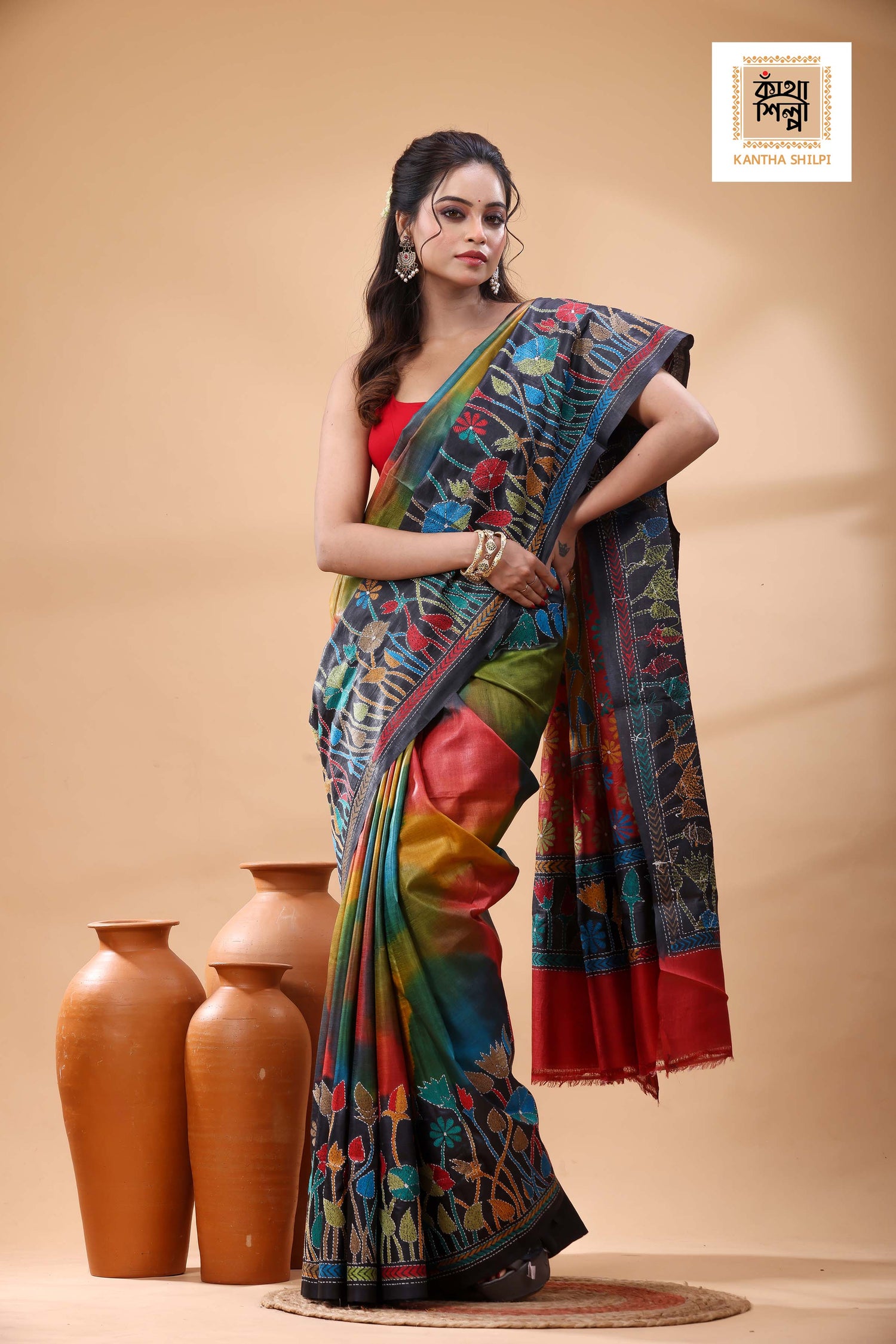 Pure Dye Gachi Tussar Multicolor Thread Work Kantha Stitch Saree