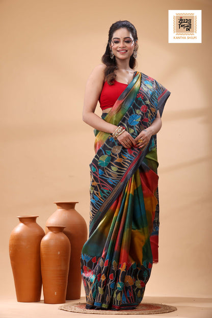 Pure Dye Gachi Tussar Multicolor Thread Work Kantha Stitch Saree