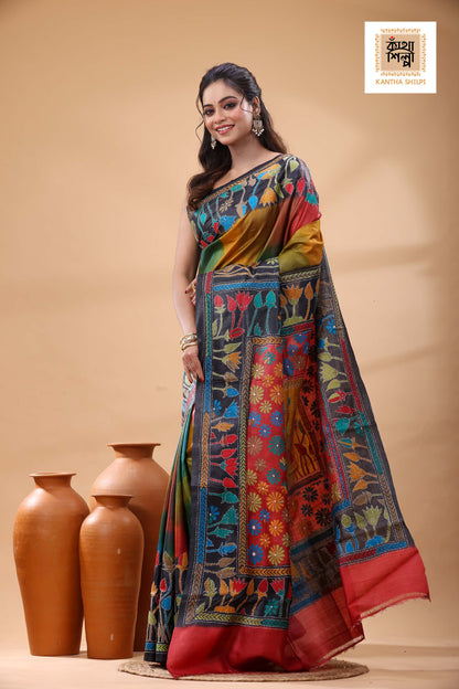 Pure Dye Gachi Tussar Multicolor Thread Work Kantha Stitch Saree