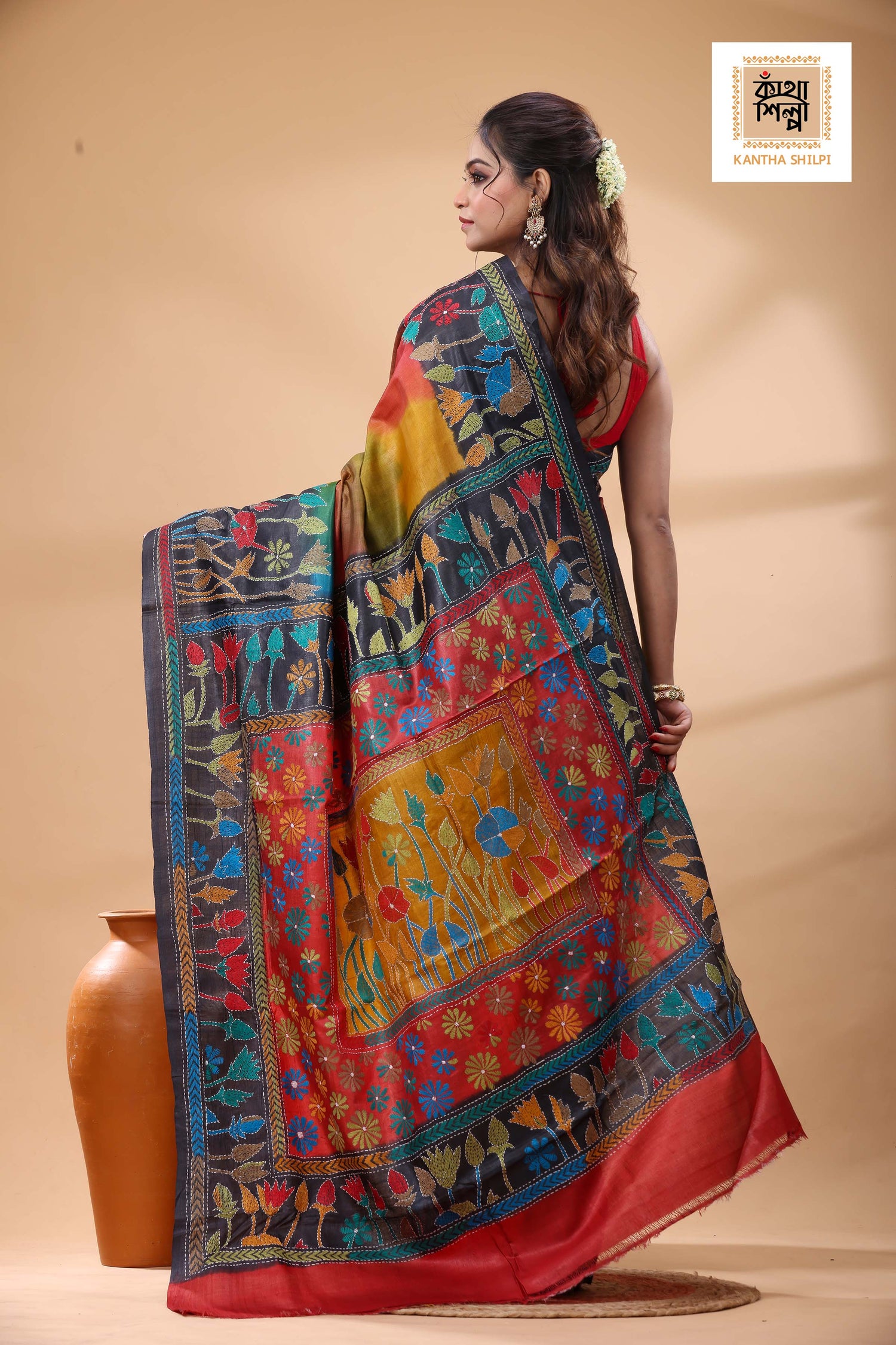 Pure Dye Gachi Tussar Multicolor Thread Work Kantha Stitch Saree