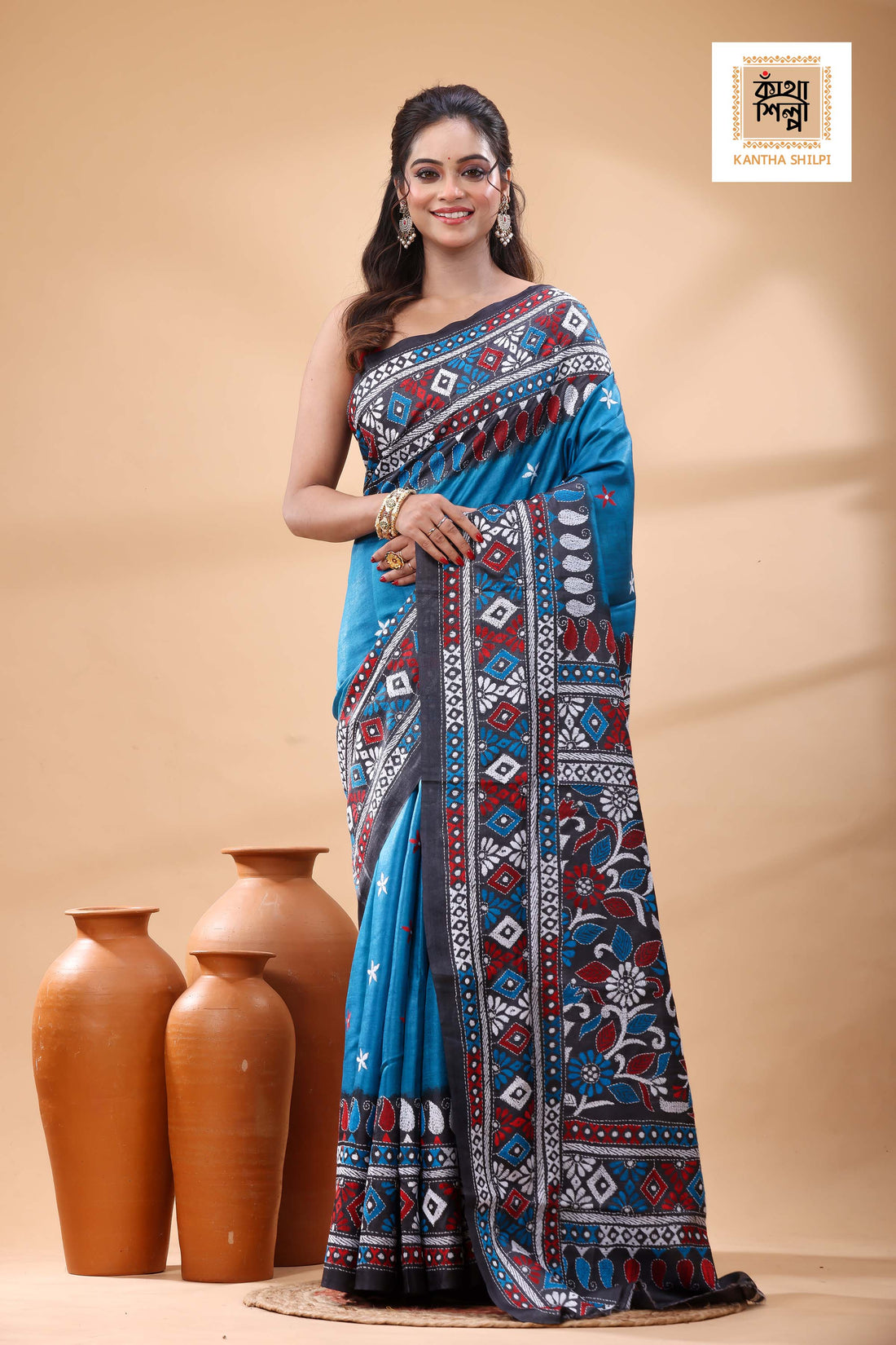 Pure Dye Gachi Tussar Multicolor Thread Work Kantha Stitch Saree