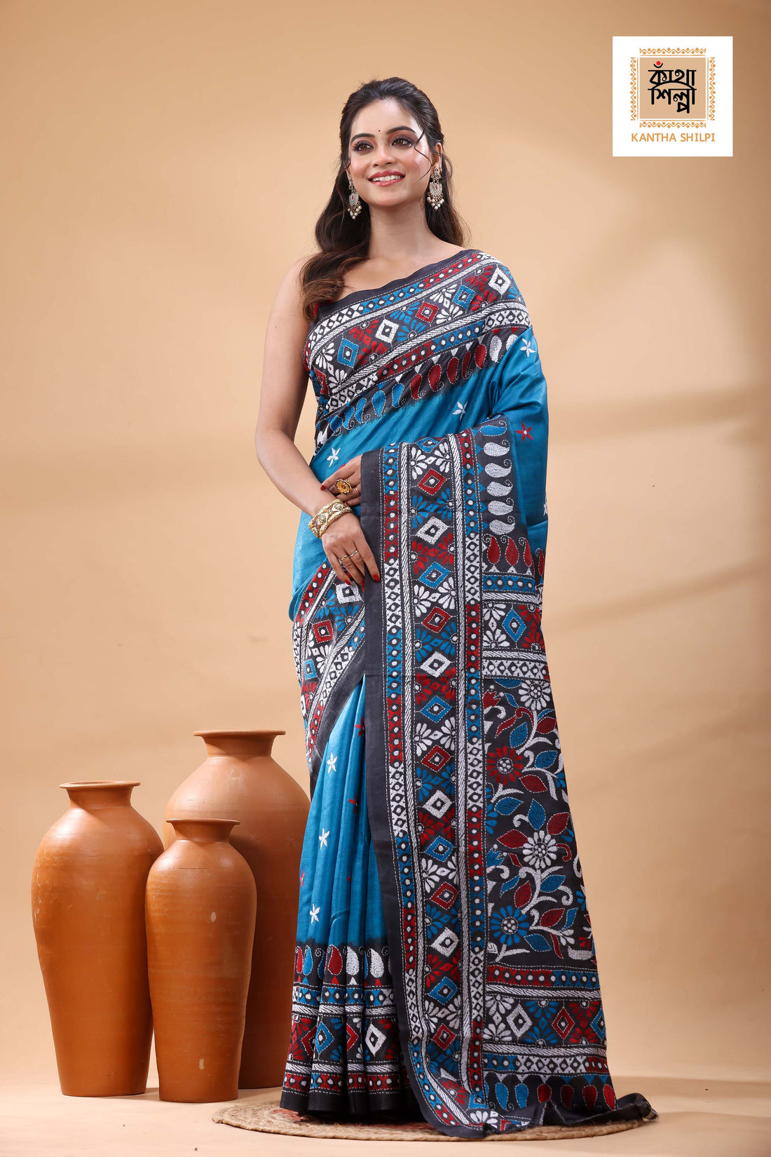 Pure Dye Gachi Tussar Multicolor Thread Work Kantha Stitch Saree