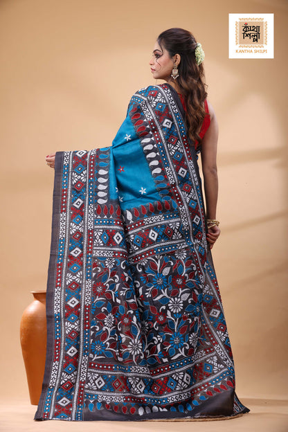 Pure Dye Gachi Tussar Multicolor Thread Work Kantha Stitch Saree