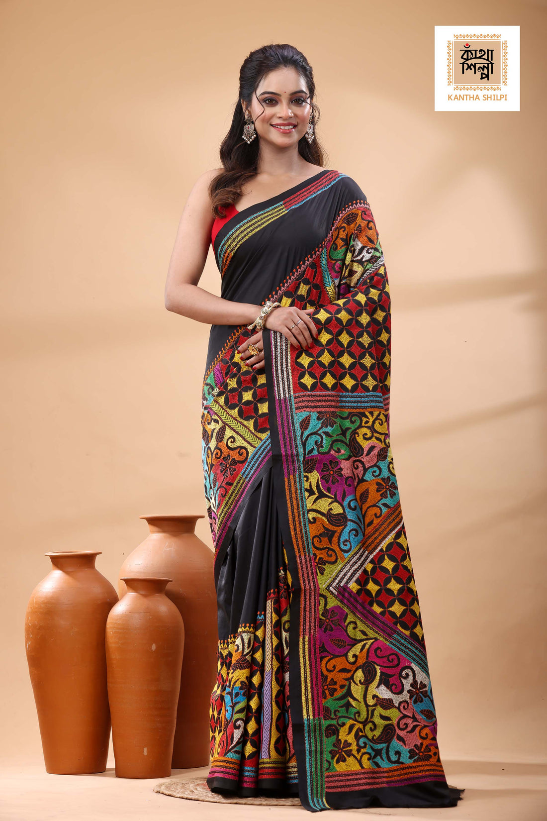 Black Pure Bangalore Silk Multicolor Thread Work Kantha Stitch Saree