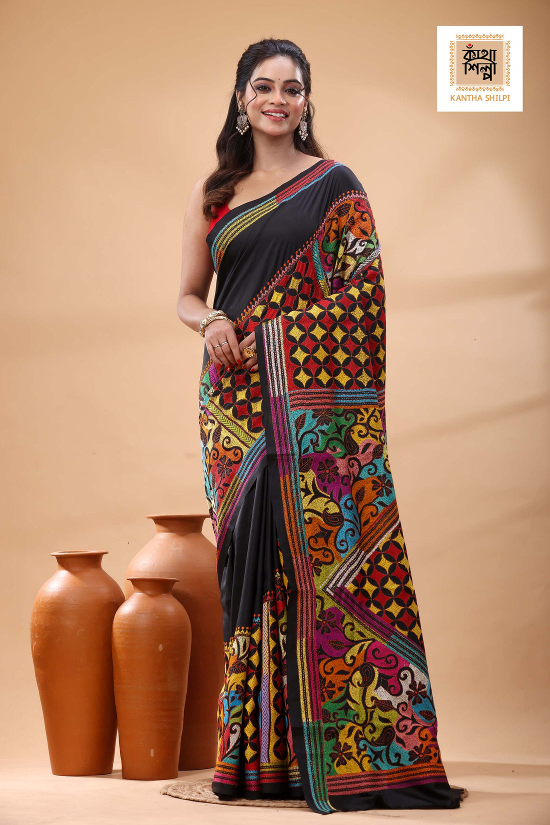 Black Pure Bangalore Silk Multicolor Thread Work Kantha Stitch Saree